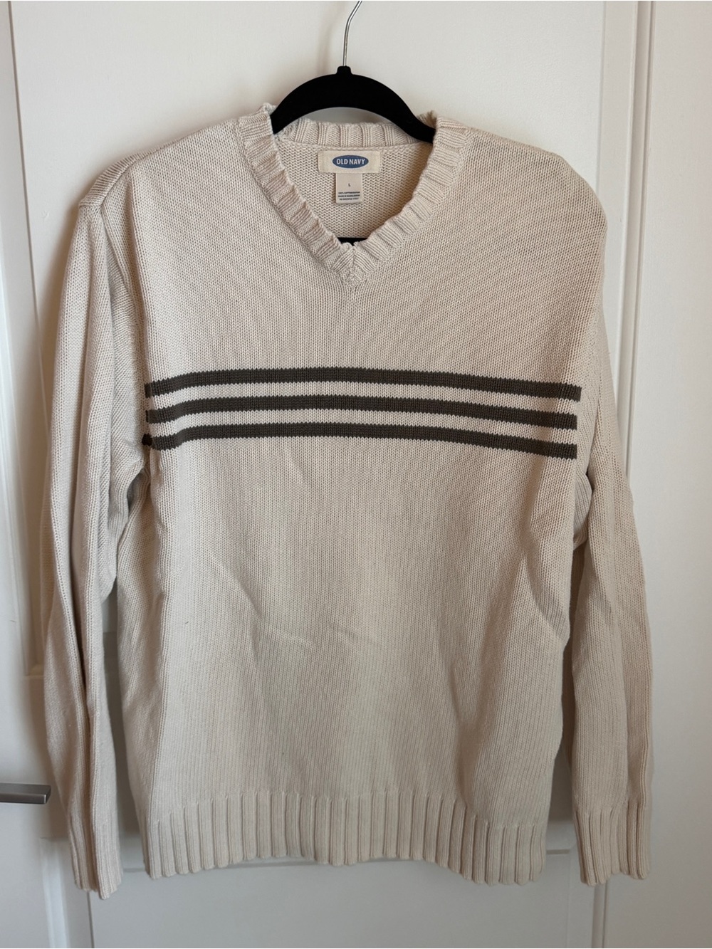 Old Navy Vintage Cream V-Neck Sweater with Dark Gray Stripes